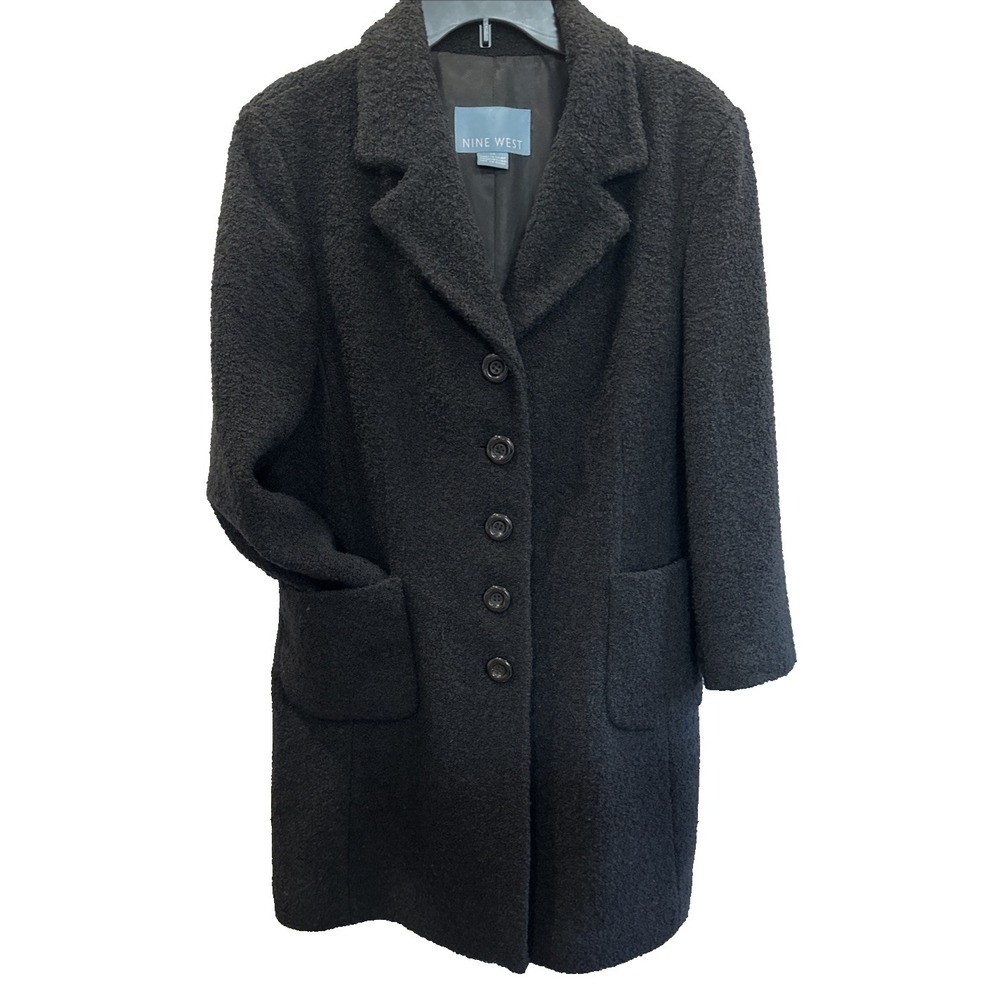 Ann Klein Black Textured Wool Coat Women's 14 Button Front Tailored Pockets